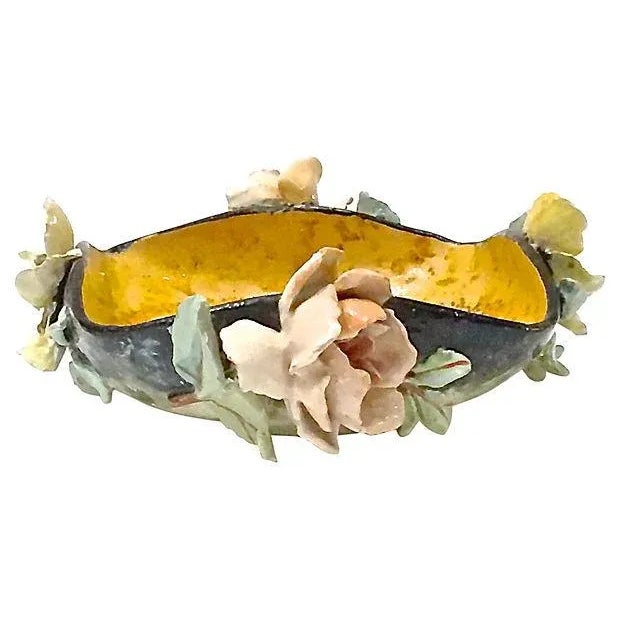 French Antique French Barbotine Majolica Floral Bowl For Sale - Image 3 of 9
