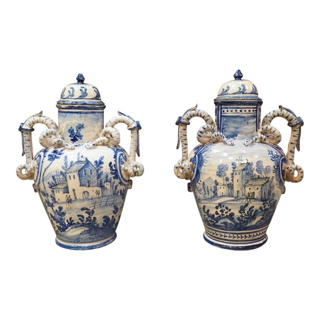 Antique Blue and White Lidded Vases From Savona, Italy, Circa 1800 For Sale