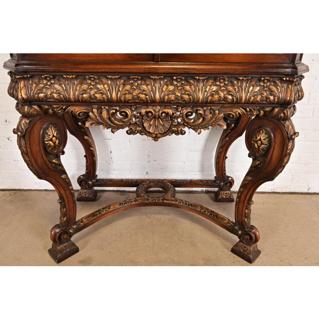 Berkey & Gay Style Antique English Jacobean Carved Walnut Hand Painted Bookcase or Bar Cabinet, Circa 1920s For Sale - Image 9 of 14