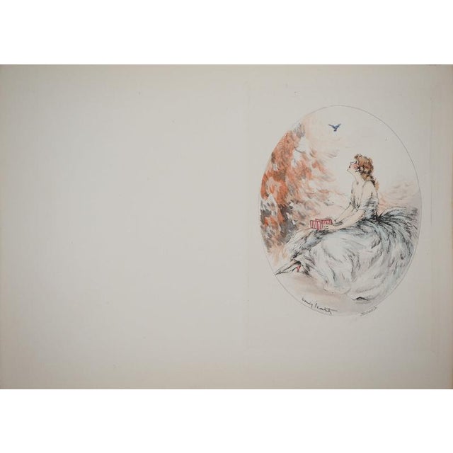 Louis ICART (1888 - 1950) Young woman and the bird Original engraving and colored stencil Signed in the plate On Vellum 22...