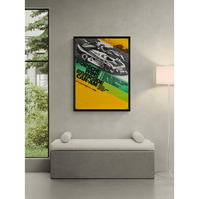 The piece this original 1973 porsche victory poster celebrates the brand's triumph at the riverside can-am race. Designed...