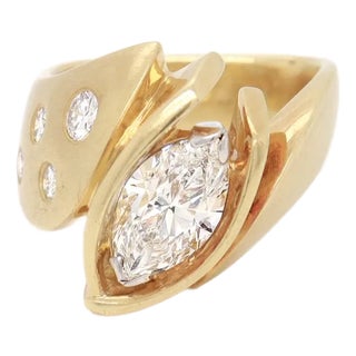 Modernist 18k Yellow Gold & Marquise Brilliant Cut Diamond Signet Style Ring For Sale