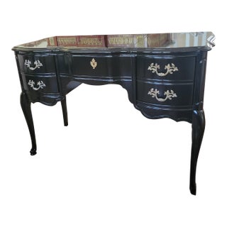 1960s French High Gloss Black Vanity With Two Drawers and a Lift Up Middle Storage Area With Mirror. For Sale