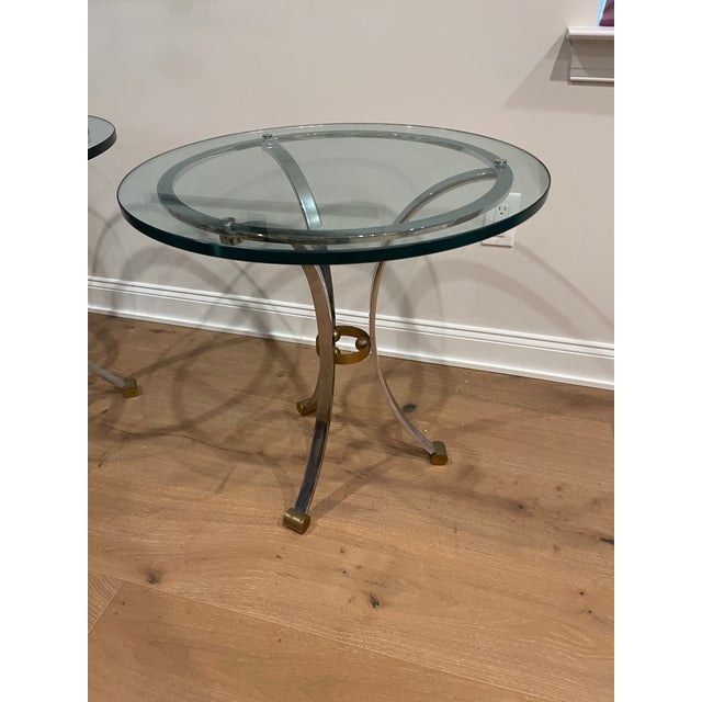 Maison Jansen Pair of Vintage French Glass, Steel and Brass Round Side Tables Attributed to Maison Jansen For Sale - Image 4 of 7