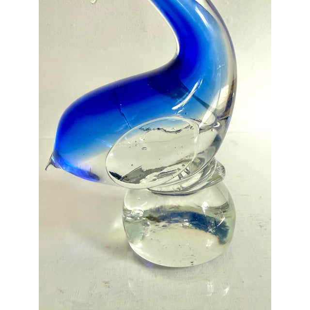 Blown Glass Blue Pelican Art Sculpture With Red Fish, Murano Style For Sale - Image 6 of 7