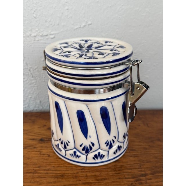 Farmhouse Late 20th Century Hand Painted Blue and White Delft Style Canister With Latch Lid For Sale - Image 3 of 8