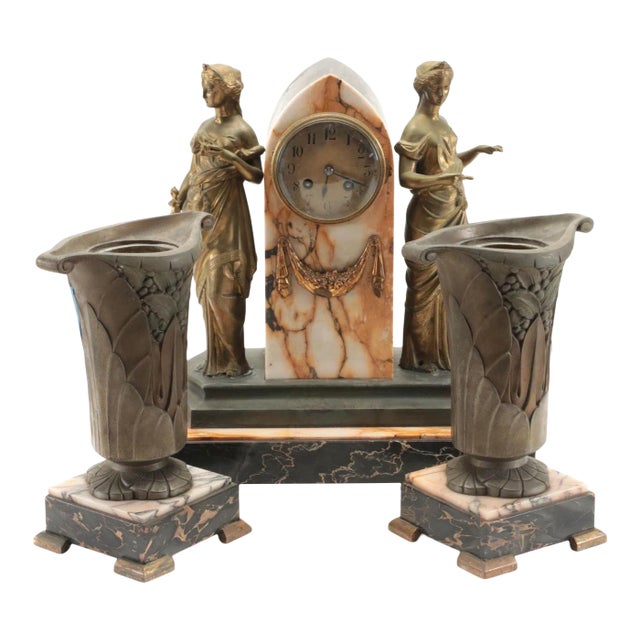 Late 19th Century French Art Nouveau Marble Clock Garniture - 3 Pieces For Sale