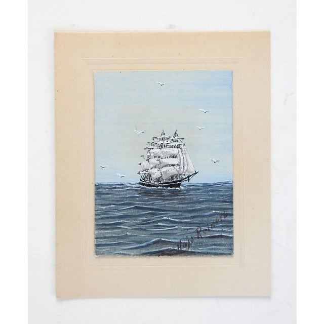 American Tiny Vintage Sailing Clipper Ship Watercolor Painting For Sale - Image 3 of 4