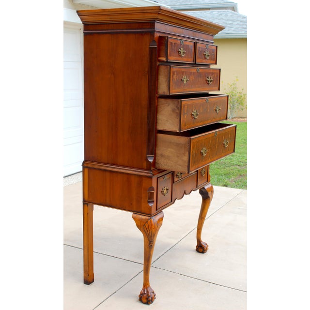 1950s Chippendale Revival Mahogany Highboy Chest on Stand With Satinwood Inlay & Ball-and-Claw Feet For Sale - Image 4 of 17