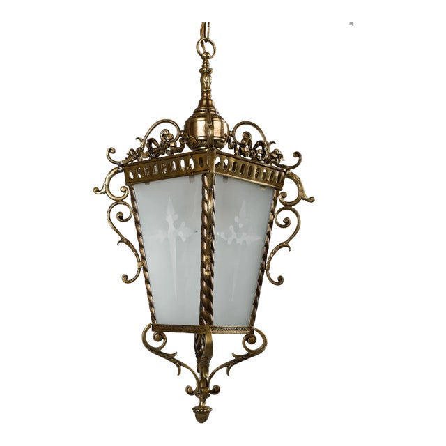 1950s Brass & Etched Glass Cross Lantern For Sale