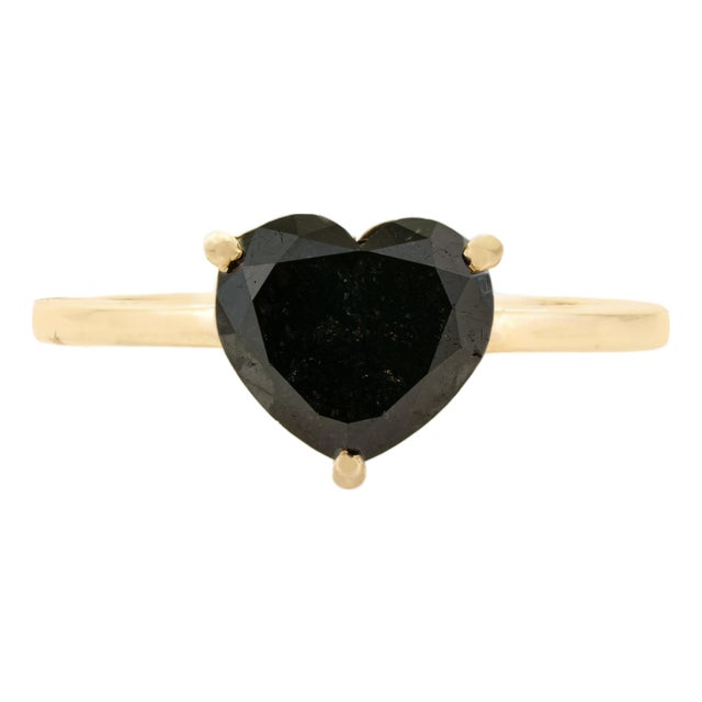 3.11 Carat Heart Shape Black Diamond Solitaire Ring Size 4 in 14k Gold For Sale