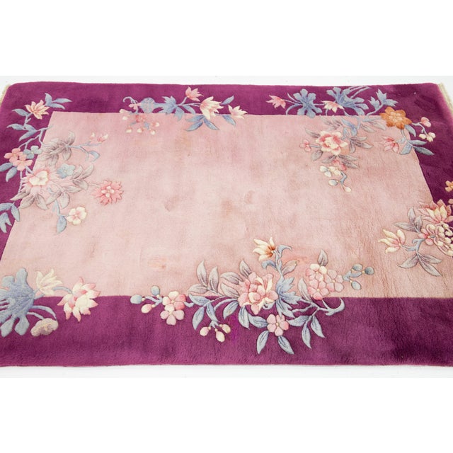 4 X 6 Antique Chinese Art Deco Pink Wool Rug With Floral Design For Sale In New York - Image 6 of 9