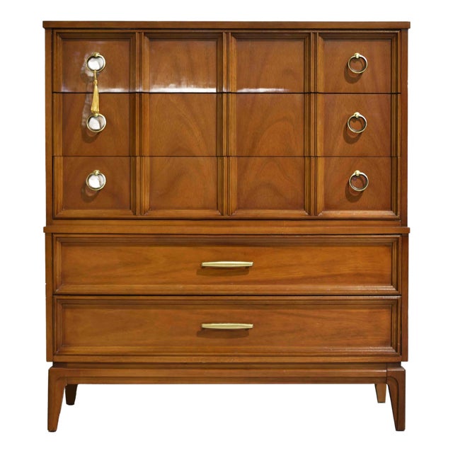 1960s Mid Century Modern Walnut Highboy Dresser by Dixie Furniture For Sale