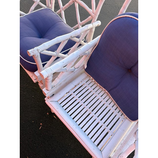 Ornamental & Decorative Materials Pair of White Faux Bamboo Chippendale Armchairs With Blue Cushions For Sale - Image 7 of 8