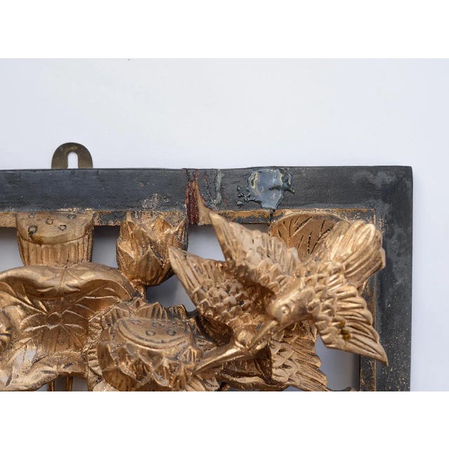 Vintage Chinese Gilded Hand-Carved Wood Relief Panel of Birds and Flowers For Sale - Image 10 of 12