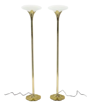 Pair of Clover Shape Base Trumpet Shades Brass Floor Lamps c1970s