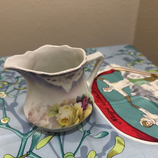 Farmhouse Vintage German Porcelain Creamer – Hand-Painted Yellow & Pink Roses For Sale - Image 3 of 9