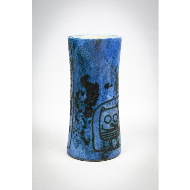 Mid-Century Modern Small Mid-Century French Blue Ceramic Ewer with Engraved Decoration of Stylized Owls and Fish by Jacques Blin, 1950s For Sale - Image 3 of 15