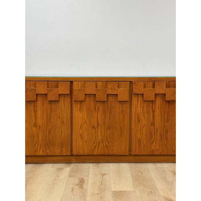 Wood Vintage Buffet Lane Staccato Brutalist MCM Sideboard Collectible Glass Top For Sale - Image 7 of 17