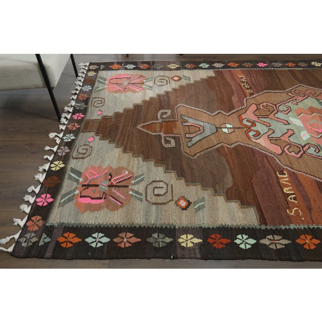 Brown 1970s Vintage Turkish Oushak Handmade Wool Cotton Brown Area Rug For Sale - Image 8 of 11