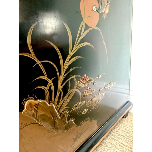 Vintage Black Lacquer Chinoiserie Cabinet With Hand-Painted Birds & Raised Relief Details For Sale - Image 9 of 10