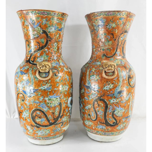 Ceramic 19th Century Pair of Chinese Export Straits Porcelain Vases in Orange, as Is Repaired For Sale - Image 7 of 12