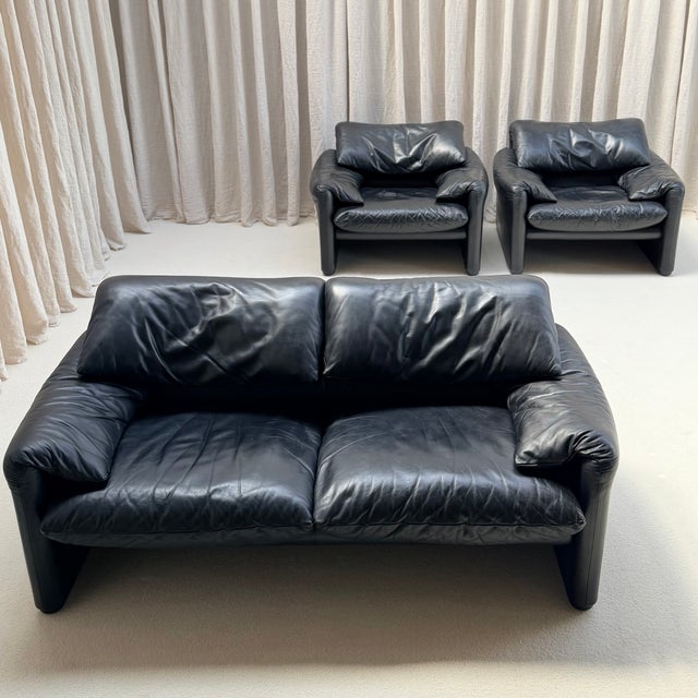 Early Edition Maralunga Sofa and Lounge Chairs by Vico Magistretti for Cassina, Italy, 1970s, Set of 3 For Sale - Image 13 of 13