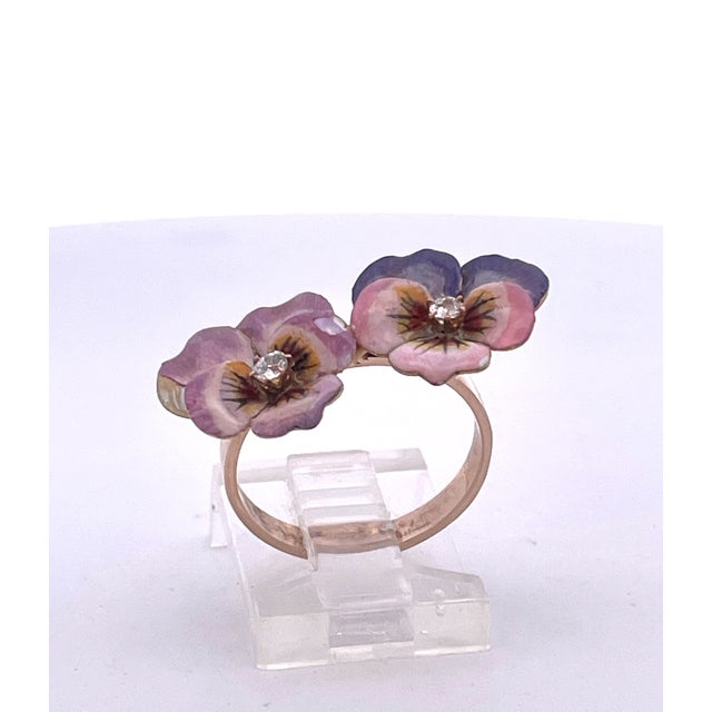 1960s Antique 14k Yellow Gold Double Pansy Brooch With Diamonds, Circa 1960s, Size 6.25 For Sale - Image 5 of 8