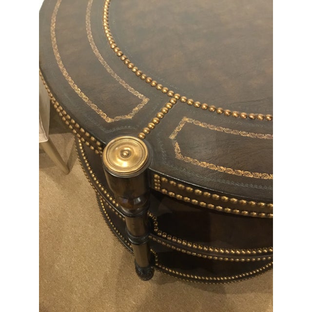 2010s Round Transitional Chocolate Brown Leather and Brass Center Table For Sale - Image 5 of 6