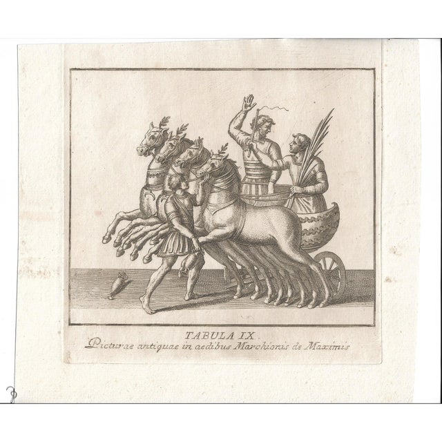 18th century engraving of chariot races with gladiators and rearing horses. Combined shipping available, please inquire....
