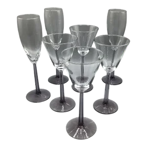 Vintage Set of 4 Amethyst Octagonal Stem Champagne and 4 Wine Glasses-Set of 8