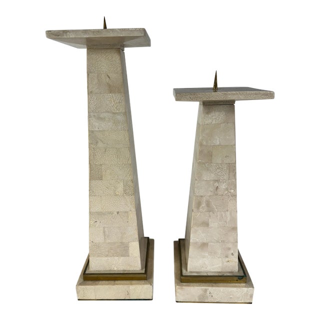 Mid 20th Century Pair of Tessellated Stone & Brass Candlesticks by Maitland Smith For Sale