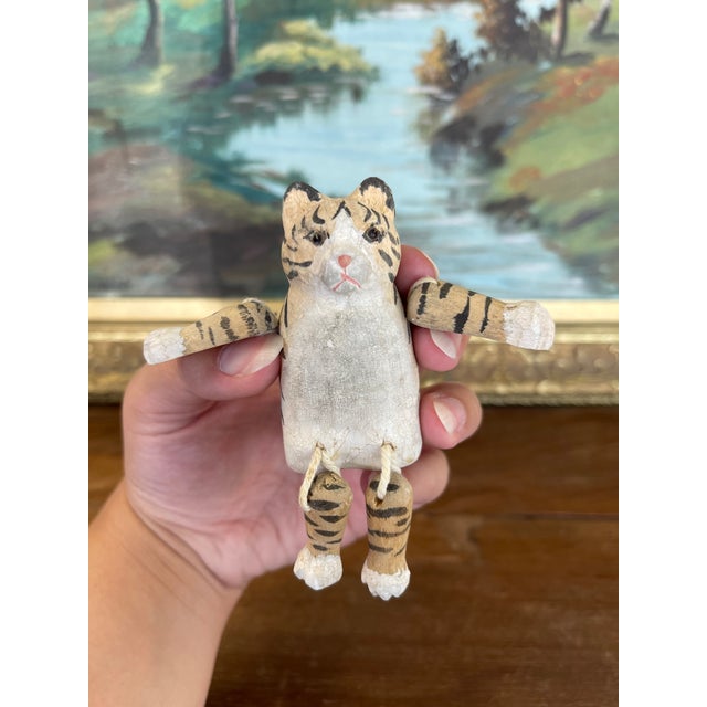 1970s Hand-Carved Articulated Wooden Tiger or Cat Figurine With Painted Details. For Sale - Image 5 of 10