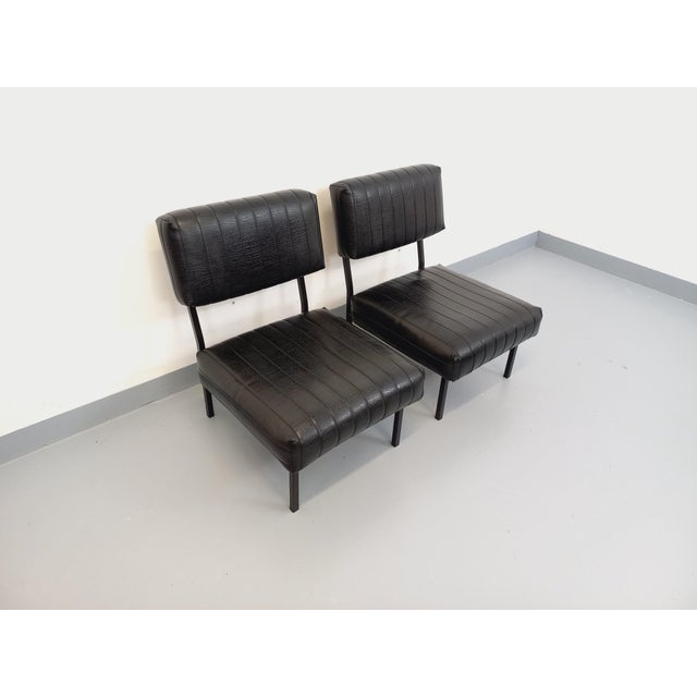 Vintage Modernist Lounge Chairs in Black Imitation Leather and Metal, 1960s, Set of 2 For Sale - Image 15 of 18