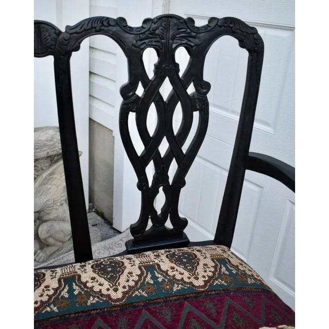 Vintage Chippendale Style Bench Settee Carved Fretwork Black Two Seater Chair For Sale - Image 4 of 13