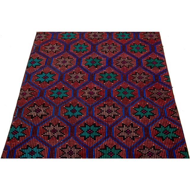 Vintage Turkish Kilim Wool Rug in Rust With Geometric Design For Sale - Image 9 of 11