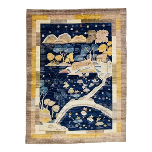 2010s Modern Pictorial Designed Chinese Art Deco Style Wool Rug in Navy Blue
