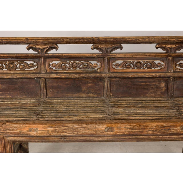 Brown Antique Chinese Rustic Wood Bench with Carved Openwork Back For Sale - Image 8 of 14