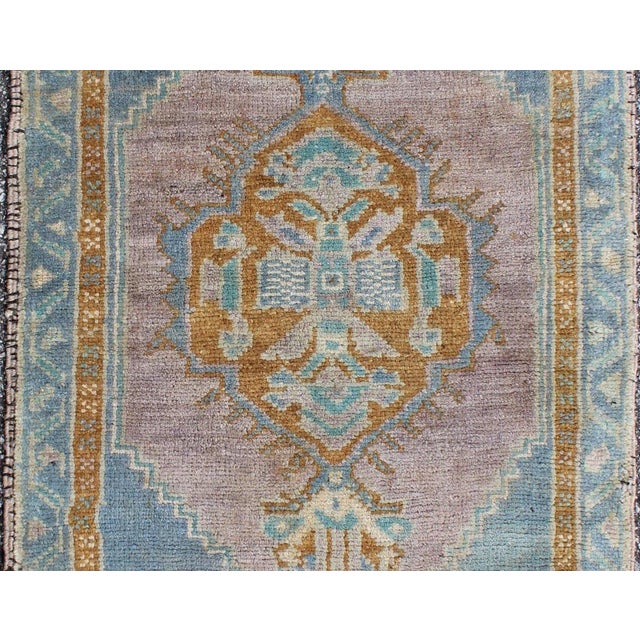 Vintage Turkish Oushak Rug in Sky Blue, Lavender and Cognac Brown For Sale - Image 4 of 7