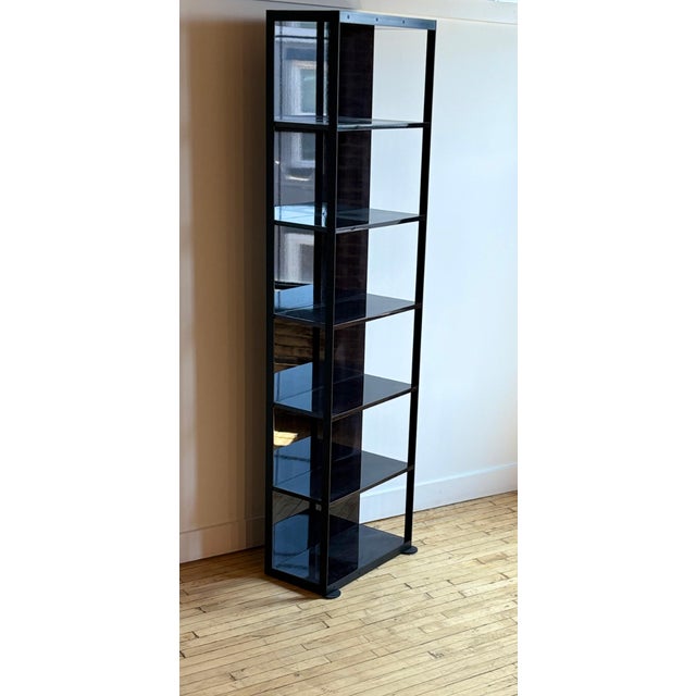Incredible lacquered massacre ebony shelf with metal frame by Christian Liaigre. This is a tall shelf with Liaigre's...