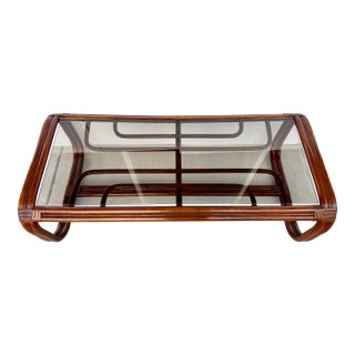 Geometric Bentwood Rattan Coffee Table With Smoked Glass Top From 70's For Sale