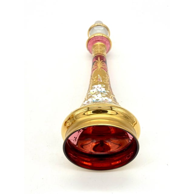 Antique Moser Bohemian Cranberry Glass Epergne Gold Gilt With Raised Enamel Floral Design For Sale - Image 10 of 11