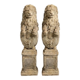 A Pair of Antique English Cast Stone Heraldic Lion Guardians on Pedestals For Sale