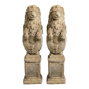 A Pair of Antique English Cast Stone Heraldic Lion Guardians on Pedestals