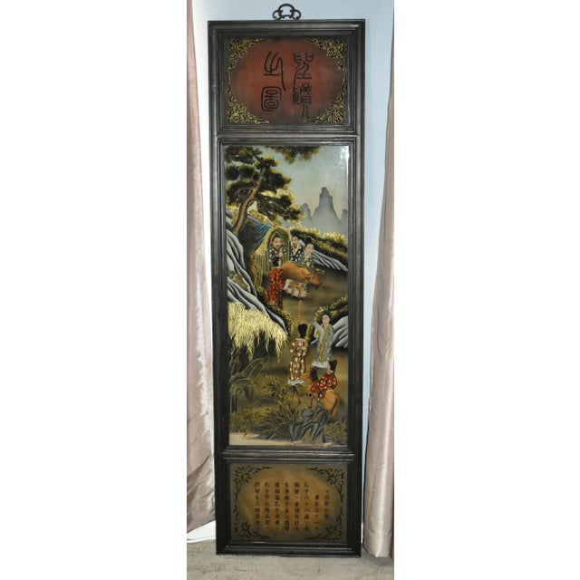 Antique (1910's) Three Section Asian Plaque is Rectangular in Shape and hangs VerticalWood with . Made of lReverse...