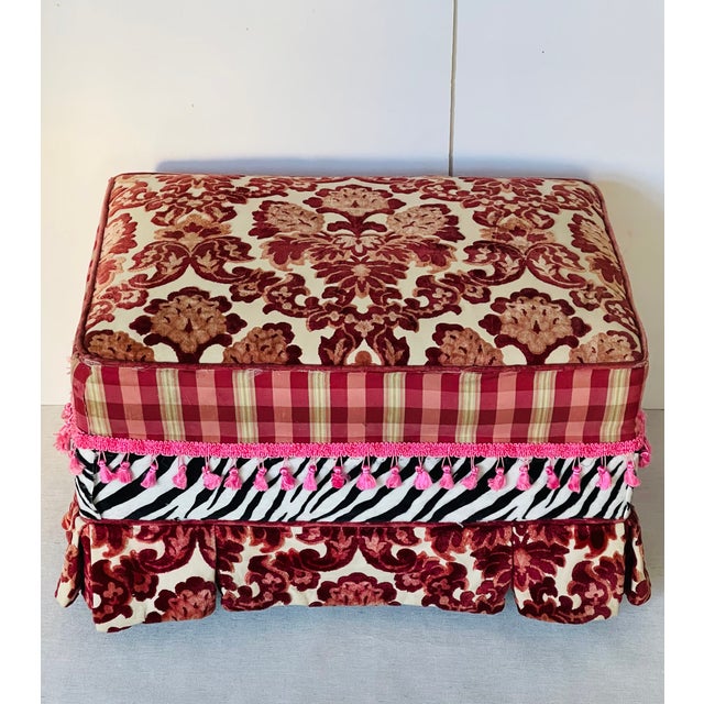 Shabby Chic Vintage Ottoman Footstool in Cut Velvet For Sale - Image 3 of 7