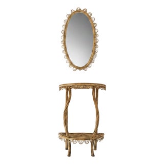 1950s Italian Bamboo and Rattan Mirror and Demilune Console Set For Sale