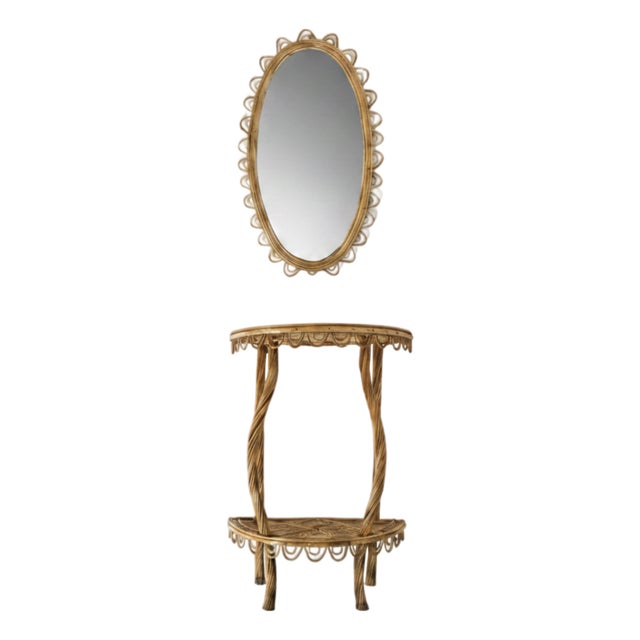 1950s Italian Bamboo and Rattan Mirror and Demilune Console Set For Sale
