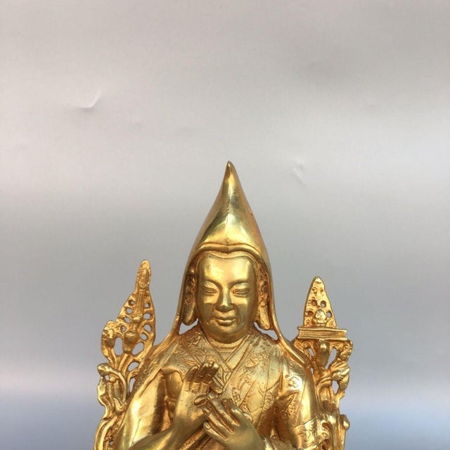 Late 20th Century Late 20th Century Gilt Brass Tsongkhapa Seated Religious Sculpture, Buddhist Altar Statue For Sale - Image 5 of 9