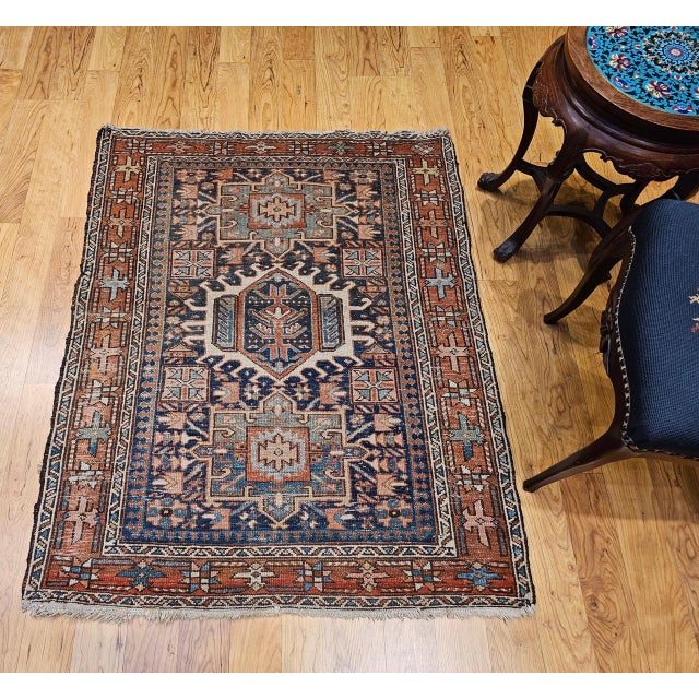 Textile 19th Century Persian Heriz Karajeh Rug, Hand-Knotted Wool, Geometric Pattern, Blue & Green, 4x5 For Sale - Image 7 of 16
